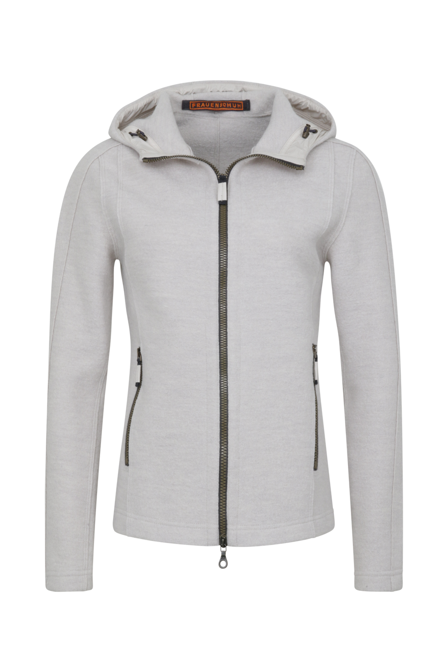 Sportliche Damen-Walkjacke mit Kapuze von Frauenschuh in sandstone (Modell 506129 Rania-CW), Vorderansicht. Made in Austria