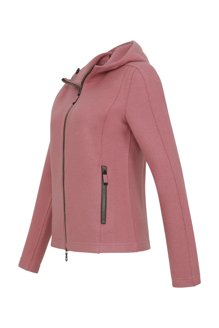 Sportliche Damen-Walkjacke mit Kapuze von Frauenschuh in Softpink (Modell 506129 Rania-CW), Seitenansicht. Made in Austria