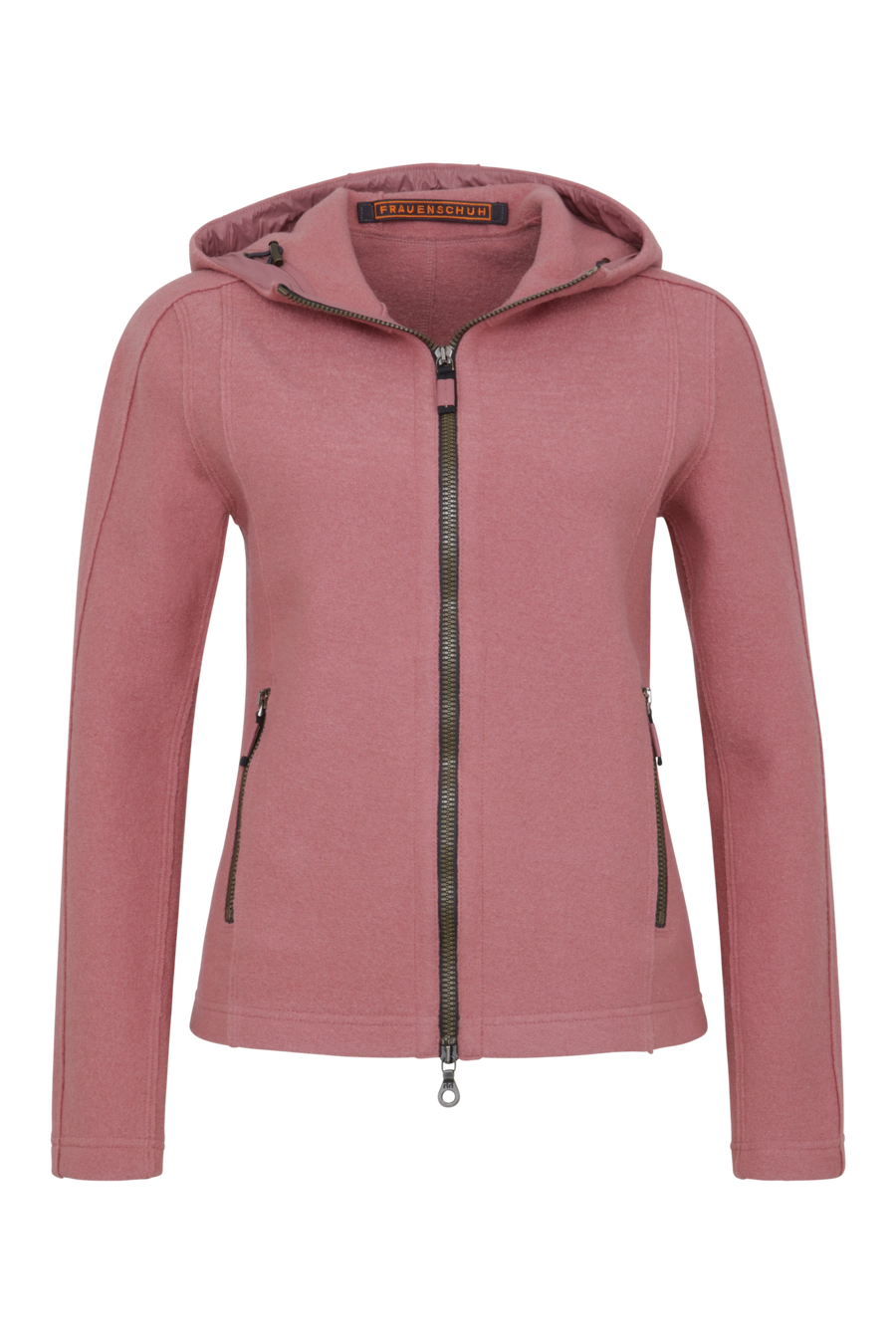Sportliche Damen-Walkjacke mit Kapuze von Frauenschuh in Softpink (Modell 506129 Rania-CW), Vorderansicht. Made in Austria