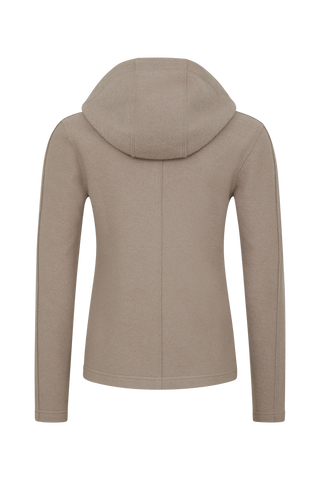 Sportliche Damen-Walkjacke mit Kapuze von Frauenschuh in cashmere (Modell 506129 Rania-CW), Rueckansicht. Made in Austria