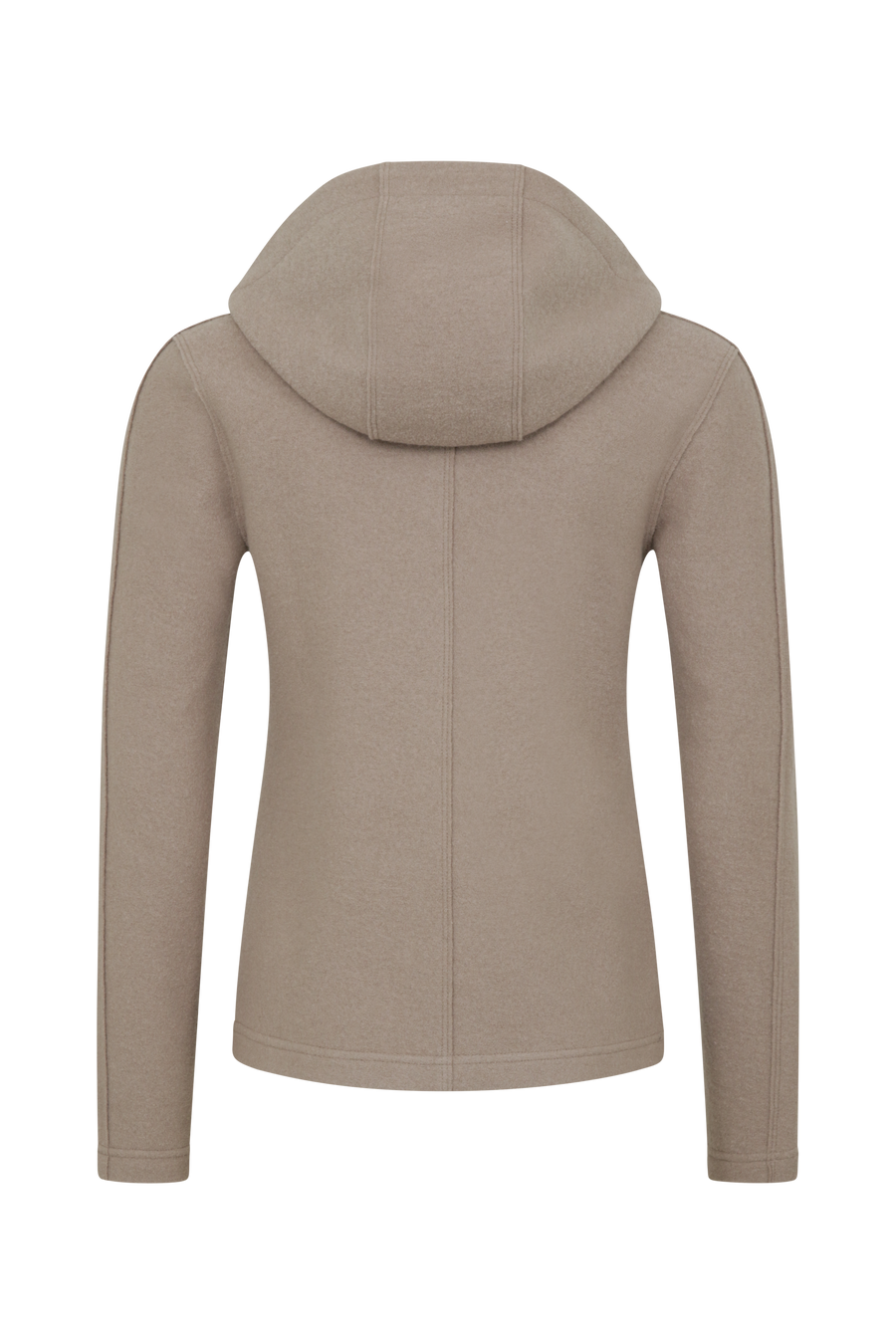 Sportliche Damen-Walkjacke mit Kapuze von Frauenschuh in cashmere (Modell 506129 Rania-CW), Rueckansicht. Made in Austria