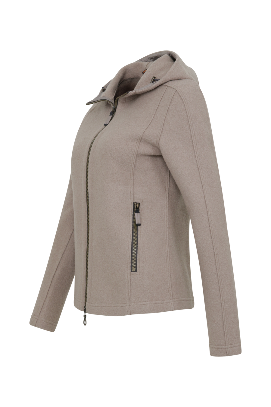 Sportliche Damen-Walkjacke mit Kapuze von Frauenschuh in cashmere (Modell 506129 Rania-CW), Seitenansicht. Made in Austria