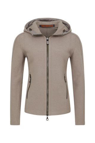 Sportliche Damen-Walkjacke mit Kapuze von Frauenschuh in cashmere (Modell 506129 Rania-CW), Sportliche Damen-Walkjacke mit Kapuze von Frauenschuh in cashmere (Modell 506129 Rania-CW), Rueckansicht. Made in Austria Vorderansicht. Made in Austria