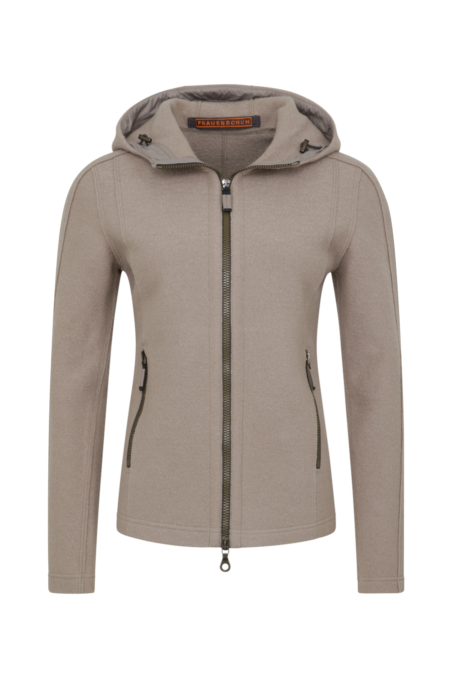 Sportliche Damen-Walkjacke mit Kapuze von Frauenschuh in cashmere (Modell 506129 Rania-CW), Sportliche Damen-Walkjacke mit Kapuze von Frauenschuh in cashmere (Modell 506129 Rania-CW), Rueckansicht. Made in Austria Vorderansicht. Made in Austria