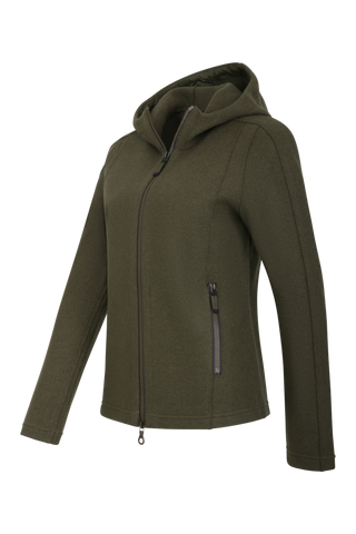 Sportliche Damen-Walkjacke mit Kapuze von Frauenschuh in Ivy green (Modell 506129 Rania-CW), Seitenansicht. Made in Austria