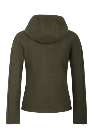 Sportliche Damen-Walkjacke mit Kapuze von Frauenschuh in Ivy green (Modell 506129 Rania-CW), Ruckansicht. Made in Austria