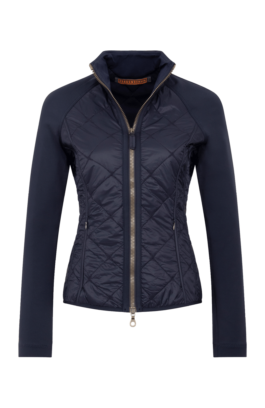 Steppjacke mit Natural Powerstretch, Modell 633710 Karen-QNP in Farbe 1630 midnight, Vorderansicht kombiniert mit Frauenschuh Kitzbühel Produkten, Made in Austria