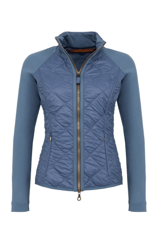 Steppjacke mit Natural Powerstretch, Modell 633710 Karen-QNP in Farbe 2090 denim Vorderansicht kombiniert mit Frauenschuh Kitzbühel Produkten, Made in Austria