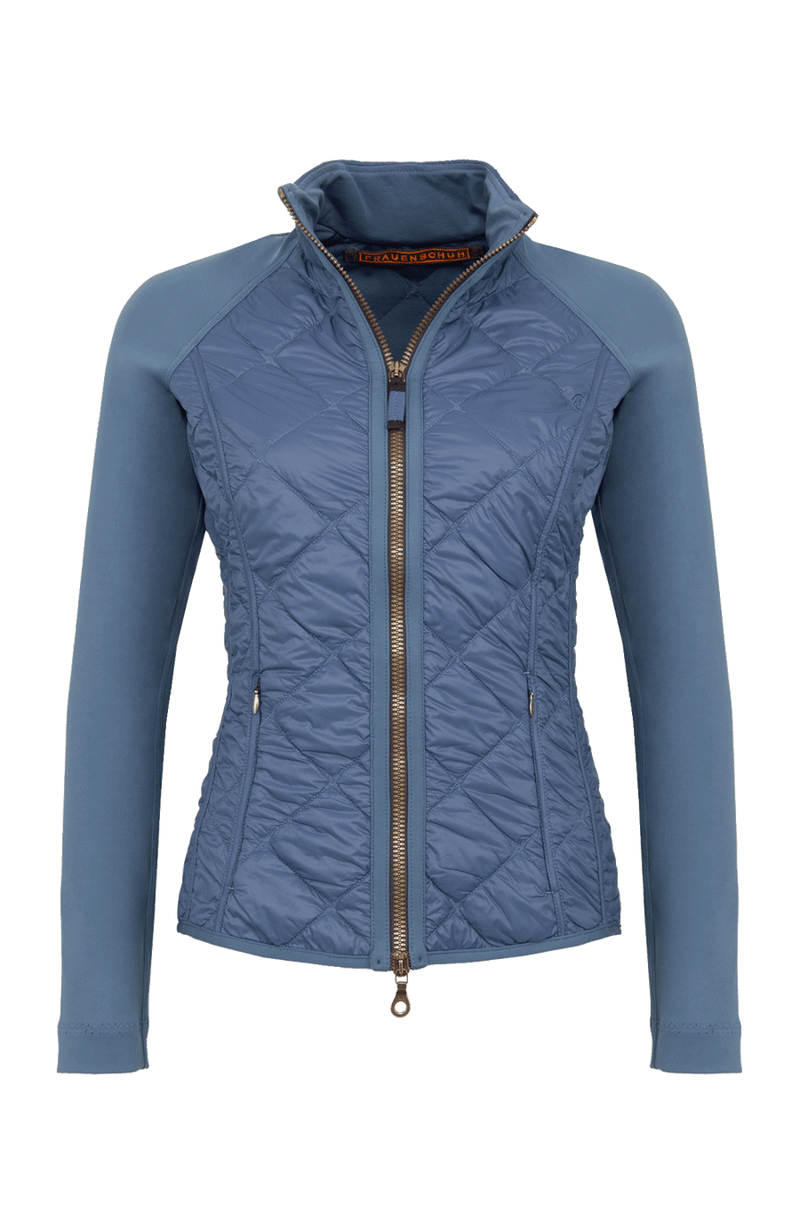 Steppjacke mit Natural Powerstretch, Modell 633710 Karen-QNP in Farbe 2090 denim Vorderansicht kombiniert mit Frauenschuh Kitzbühel Produkten, Made in Austria