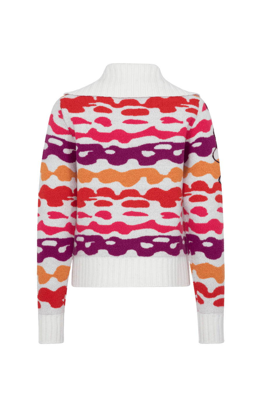 Strickjacke Delilah ME Modell 702544 in Poppy, Rueckansicht, mit farbintensivem Bergmotiv aus Merinowolle, legere Passform und hoher Stehkragen