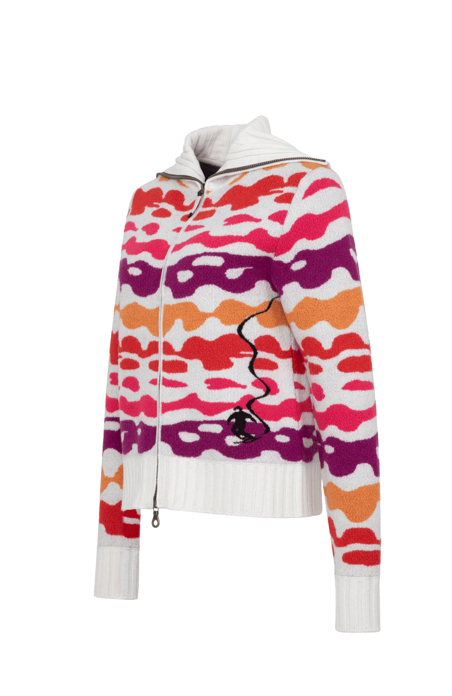 Strickjacke Delilah ME Modell 702544 in Poppy, Seitenansicht, mit farbintensivem Bergmotiv aus Merinowolle, legere Passform und hoher Stehkragen