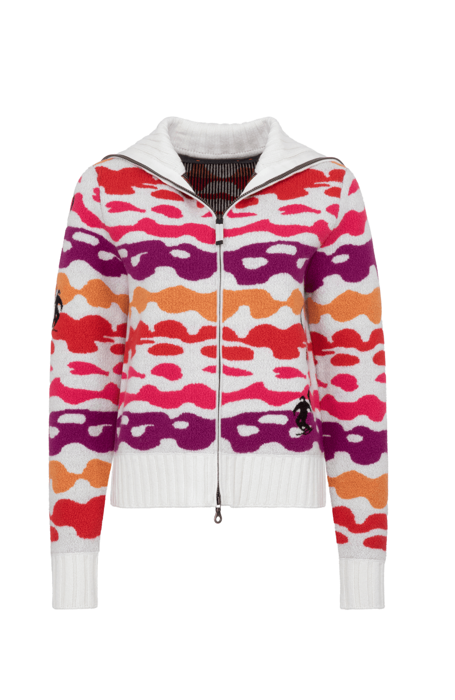 Strickjacke Delilah ME Modell 702544 in Poppy, Vorderansicht, mit farbintensivem Bergmotiv aus Merinowolle, legere Passform und hoher Stehkragen