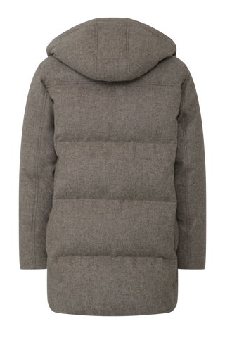 Damen Winterparka aus hochwertigem Loden, Modell 723717 Chelsey-L in Cashmere 310, Rueckansicht– abnehmbare Kapuze, Daunenfüllung, gerade Passform