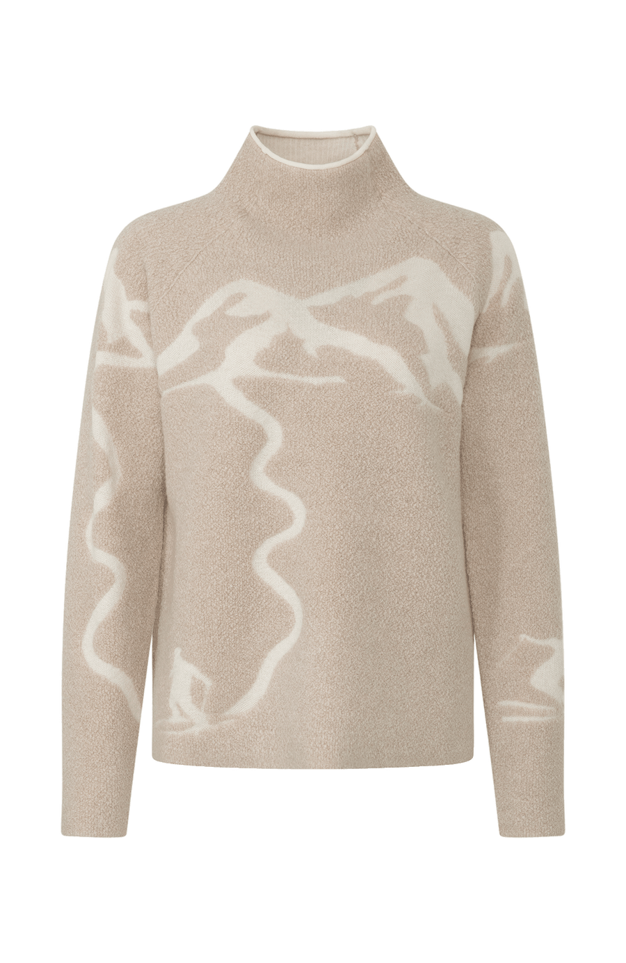 Vorderansicht eines Damenpullovers aus 100 % extrafeiner Merinowolle, Modell „Chatel-ME“ in der Farbe Beige. Die Vorderseite zeigt ein kunstvoll gestaltetes Jacquard-Motiv aus skizzierten Berglandschaften, urbanen Elementen und dynamischen Skifahrern. Das hochwertige Merinogarn – leicht, weich und angenehm auf der Haut – wird in Italien produziert und auf modernsten Maschinen verarbeitet. Die Kombination aus künstlerischem Design & technischer Strickkunst macht den Pullover besonders stilvoll
