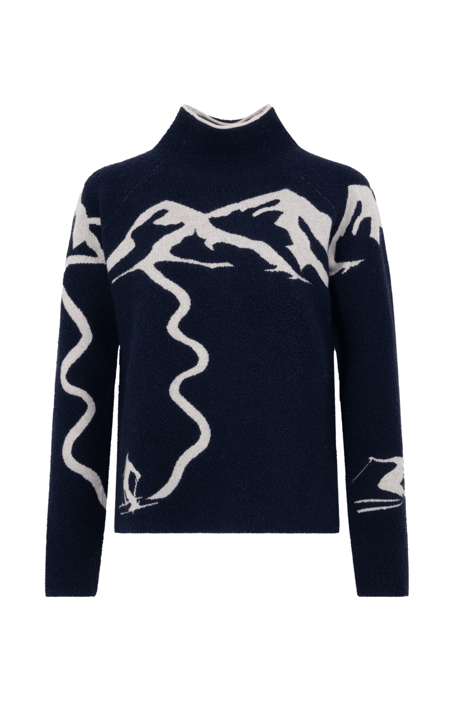 Vorderansicht eines Damenpullovers aus 100 % extrafeiner Merinowolle, Modell „Chatel-ME“ in der Farbe Dunkelblau. Die Vorderseite zeigt ein kunstvoll gestaltetes Jacquard-Motiv aus skizzierten Berglandschaften, urbanen Elementen und dynamischen Skifahrern. Das hochwertige Merinogarn – leicht, weich und angenehm auf der Haut – wird in Italien produziert und auf modernsten Maschinen verarbeitet. Die Kombination aus künstlerischem Design & technischer Strickkunst macht den Pullover besonders stilvoll