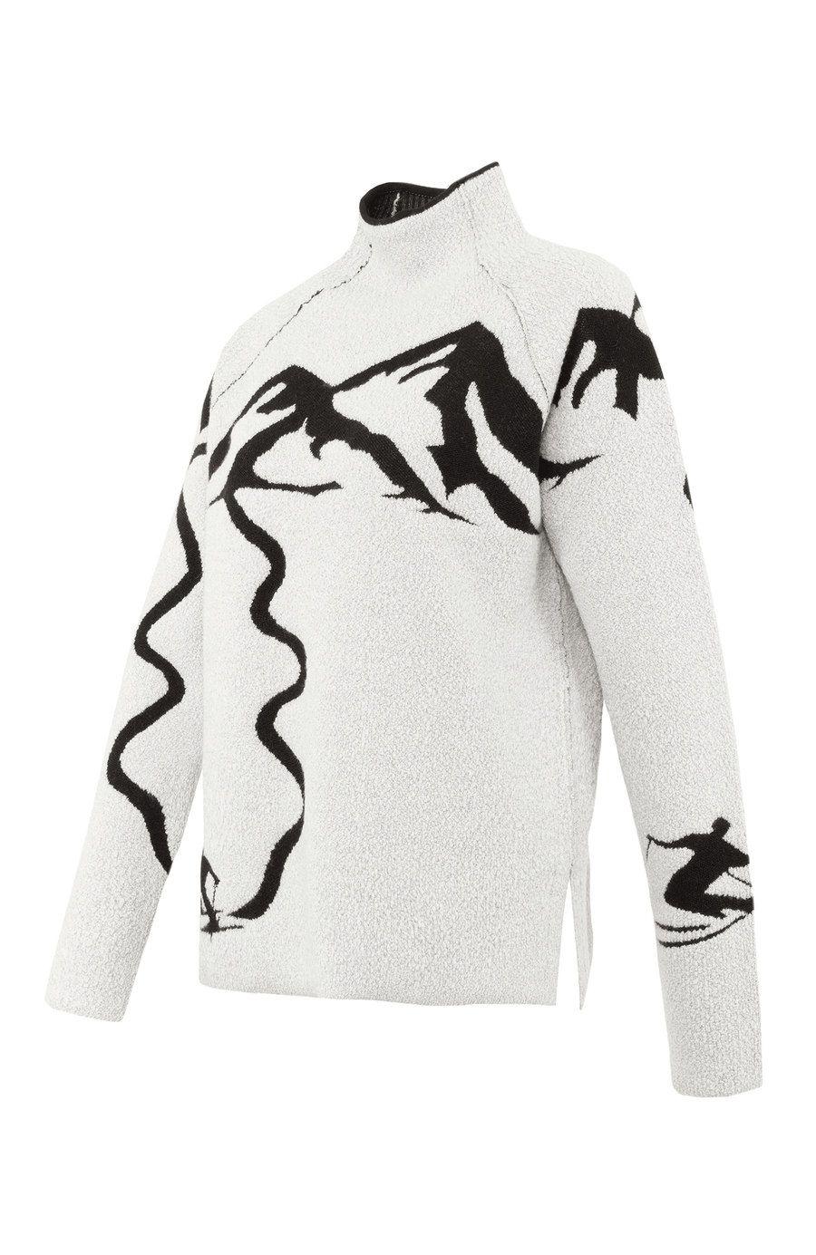 Seitenansicht eines Damenpullovers von Frauenschuh, Modell „Chatel-ME“ (Artikelnummer 009544/226-1) in der Farbe Glacier (Weiß). Der Pullover aus 100 % extrafeiner Merinowolle zeigt ein kunstvoll eingestricktes Jacquard-Motiv mit alpiner Landschaft und Skifahrern auf der Vorderseite. Das weiche, leichte Merinogarn sorgt für höchsten Tragekomfort, während der moderne Stehkragen und die feine Strickstruktur alpine Handwerkskunst mit zeitgemäßem Design verbinden – ein stilvolles Keypiece für Herbst und Winter.