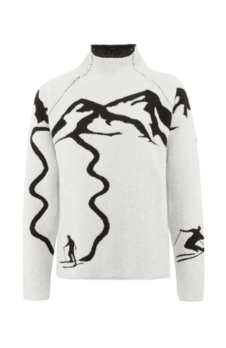 Vorderansicht eines Damenpullovers aus 100 % extrafeiner Merinowolle, Modell „Chatel-ME“ in der Farbe Grau. Die Vorderseite zeigt ein kunstvoll gestaltetes Jacquard-Motiv aus skizzierten Berglandschaften, urbanen Elementen und dynamischen Skifahrern. Das hochwertige Merinogarn – leicht, weich und angenehm auf der Haut – wird in Italien produziert und auf modernsten Maschinen verarbeitet. Die Kombination aus künstlerischem Design & technischer Strickkunst macht den Pullover besonders stilvoll
