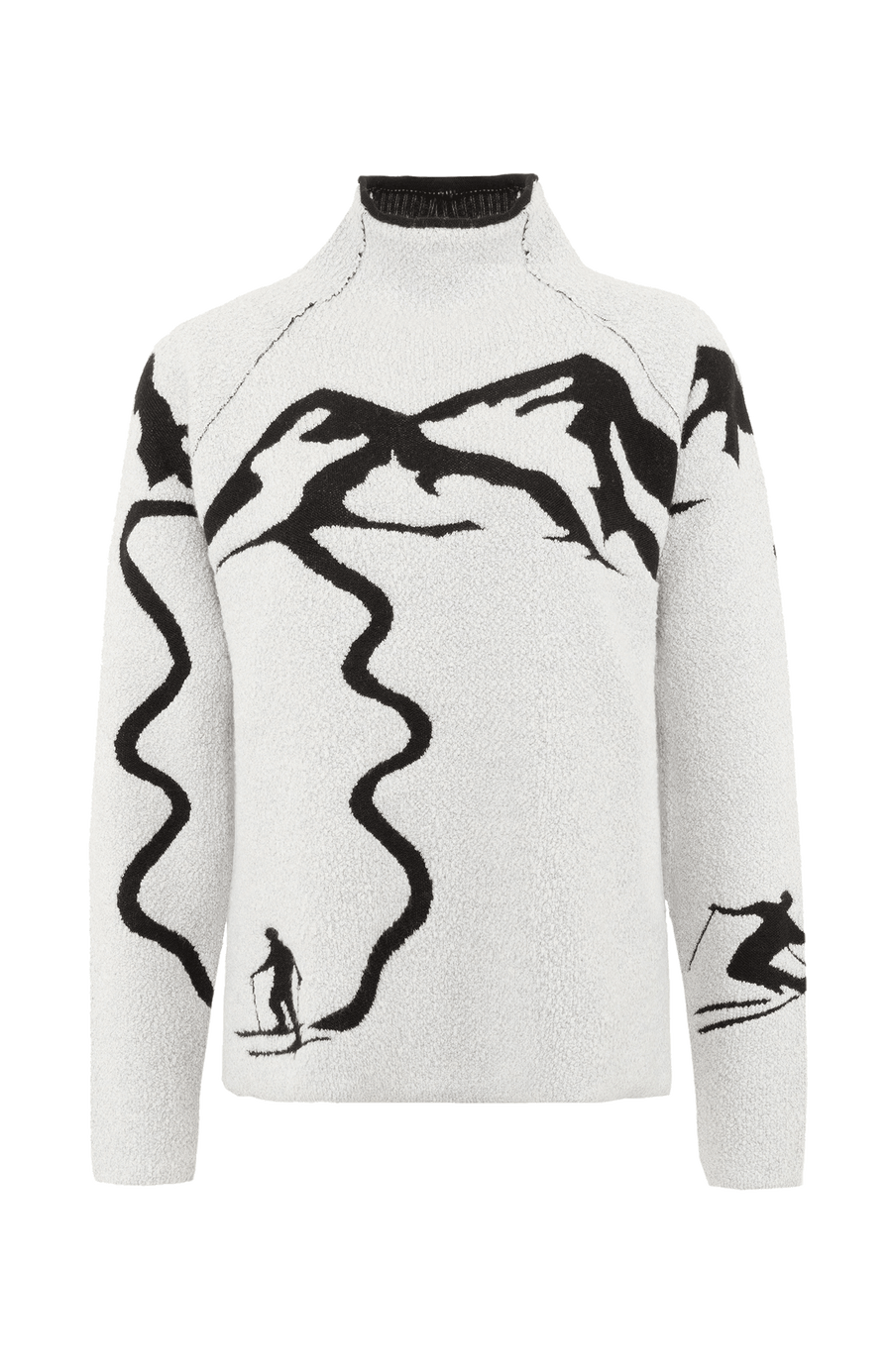 Vorderansicht eines Damenpullovers aus 100 % extrafeiner Merinowolle, Modell „Chatel-ME“ in der Farbe Grau. Die Vorderseite zeigt ein kunstvoll gestaltetes Jacquard-Motiv aus skizzierten Berglandschaften, urbanen Elementen und dynamischen Skifahrern. Das hochwertige Merinogarn – leicht, weich und angenehm auf der Haut – wird in Italien produziert und auf modernsten Maschinen verarbeitet. Die Kombination aus künstlerischem Design & technischer Strickkunst macht den Pullover besonders stilvoll