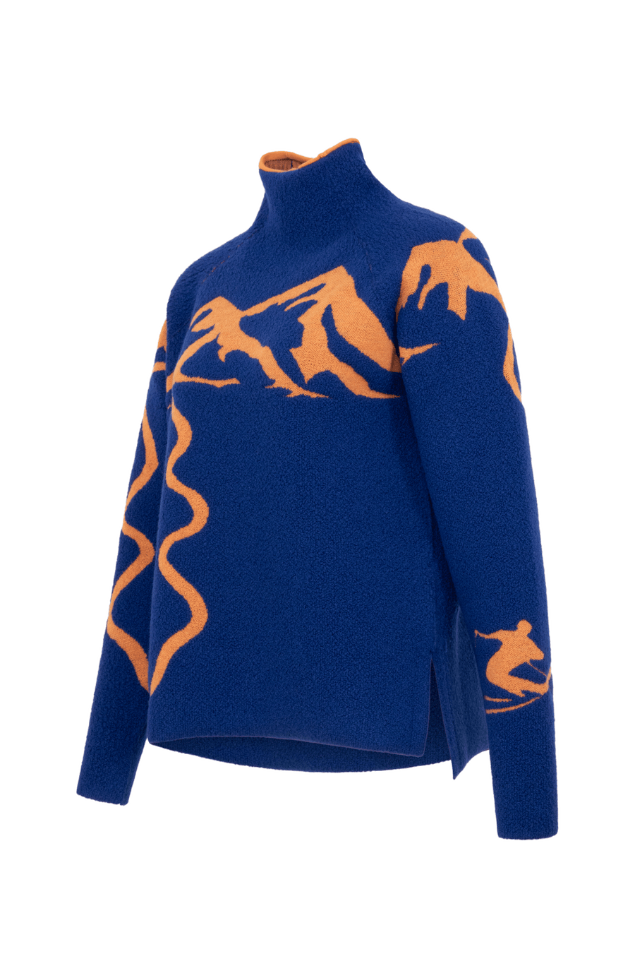 Seitenansicht eines Damenpullovers aus 100 % extrafeiner Merinowolle, Modell „Chatel-ME“ in der Farbe Marineblau. Die Vorderseite zeigt ein kunstvoll gestaltetes Jacquard-Motiv aus skizzierten Berglandschaften, urbanen Elementen und dynamischen Skifahrern. Das hochwertige Merinogarn – leicht, weich und angenehm auf der Haut – wird in Italien produziert und auf modernsten Maschinen verarbeitet. Die Kombination aus künstlerischem Design & technischer Strickkunst macht den Pullover besonders stilvoll