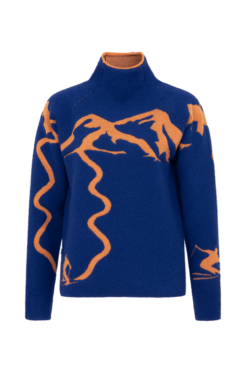 Vorderansicht eines Damenpullovers aus 100 % extrafeiner Merinowolle, Modell „Chatel-ME“ in der Farbe Marineblau. Die Vorderseite zeigt ein kunstvoll gestaltetes Jacquard-Motiv aus skizzierten Berglandschaften, urbanen Elementen und dynamischen Skifahrern. Das hochwertige Merinogarn – leicht, weich und angenehm auf der Haut – wird in Italien produziert und auf modernsten Maschinen verarbeitet. Die Kombination aus künstlerischem Design & technischer Strickkunst macht den Pullover besonders stilvoll
