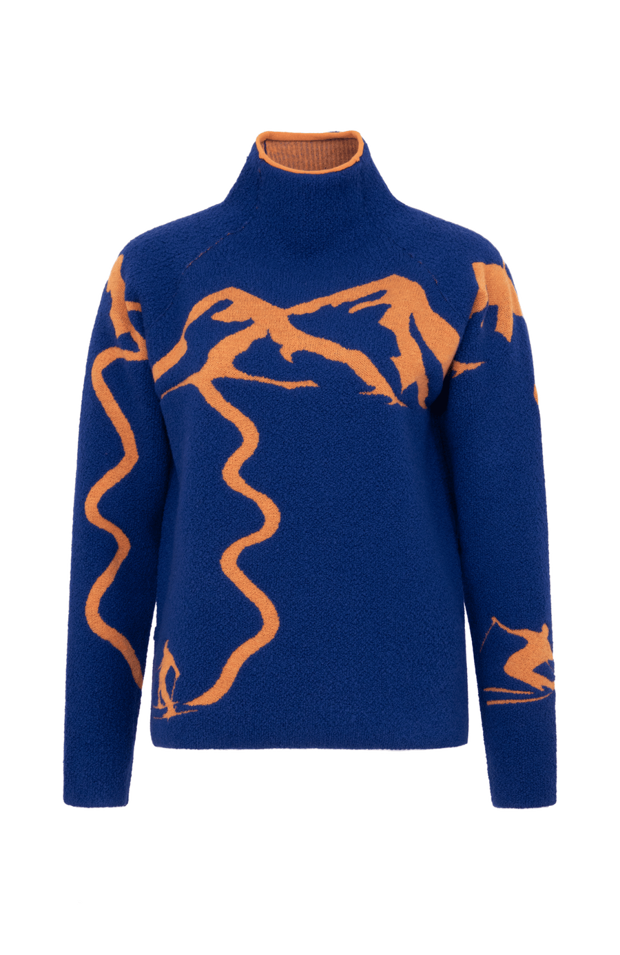 Vorderansicht eines Damenpullovers aus 100 % extrafeiner Merinowolle, Modell „Chatel-ME“ in der Farbe Marineblau. Die Vorderseite zeigt ein kunstvoll gestaltetes Jacquard-Motiv aus skizzierten Berglandschaften, urbanen Elementen und dynamischen Skifahrern. Das hochwertige Merinogarn – leicht, weich und angenehm auf der Haut – wird in Italien produziert und auf modernsten Maschinen verarbeitet. Die Kombination aus künstlerischem Design & technischer Strickkunst macht den Pullover besonders stilvoll