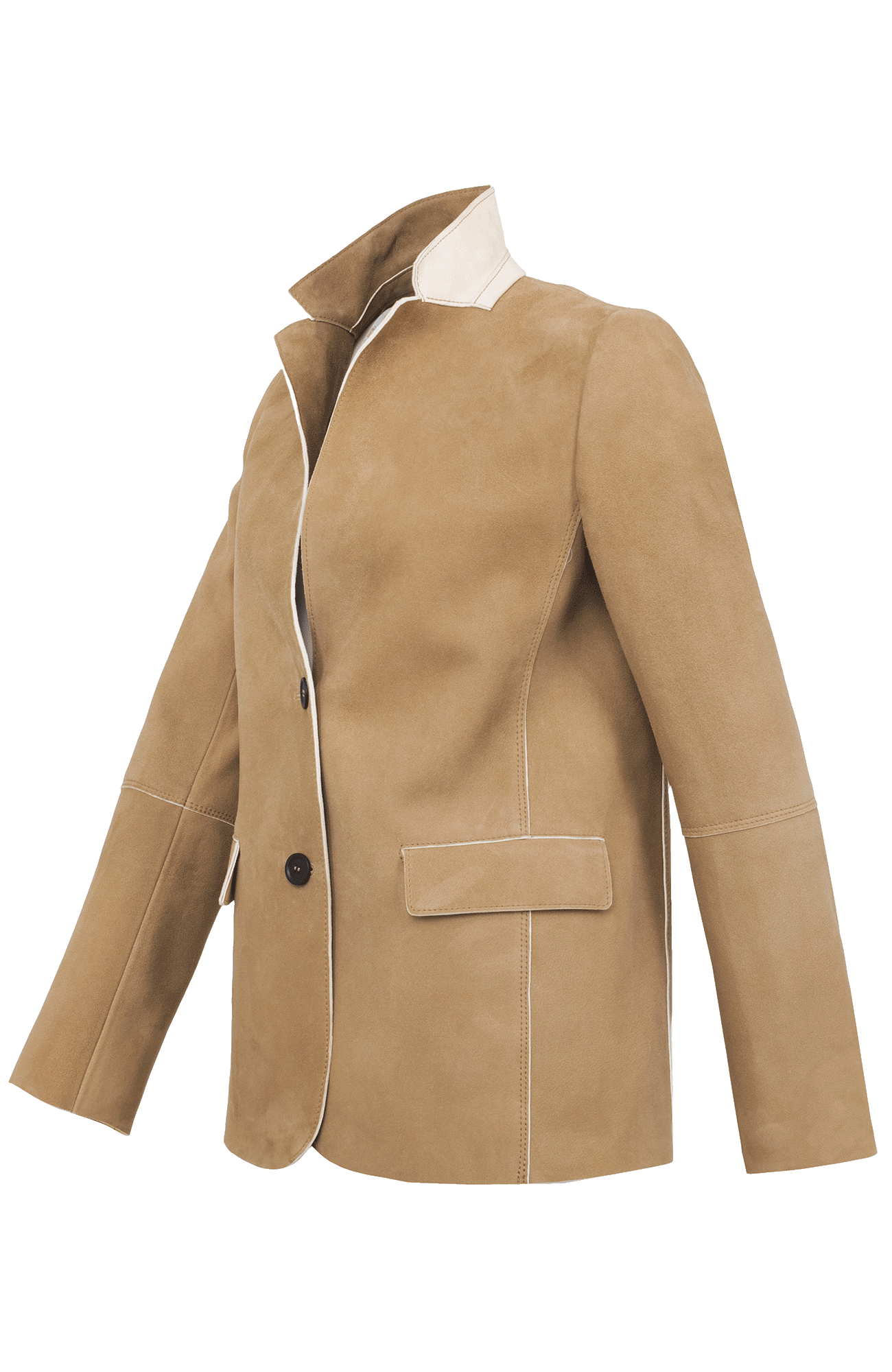 Blazer Flavie-CA aus Eco Lammleder, feminine Passform, kurzer Stehkragen, offenkantige Nahtverarbeitung, zwei handgenähte Knöpfe vorne, leicht abgerundeter Saum, zwei Eingriffstaschen. Leder weich und anschmiegsam, modernes Lieblingsstück. Farbe Hellbraun (Farbe: caramel).