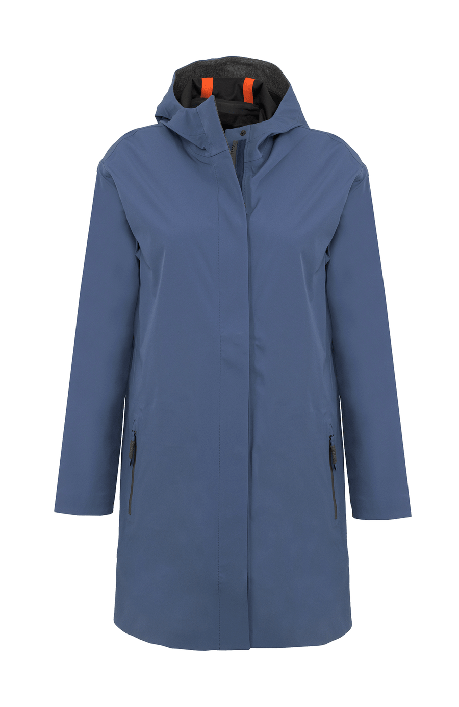Damen-Funktionsmantel aus atmungsaktivem, wind- und wasserfestem 3-Layer-Material mit geradem Schnitt, verborgenem Reißverschluss mit Druckknopfleiste, zwei Seitentaschen und zwei Innentaschen. Oversize Schnitt für eine locker fallende Passform. Wählen Sie Ihre gewöhnliche Größe. In der Farbe Blau (Farbe: denim).