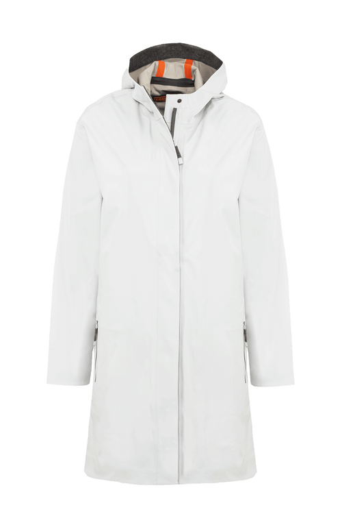Damen-Funktionsmantel aus atmungsaktivem, wind- und wasserfestem 3-Layer-Material mit geradem Schnitt, verborgenem Reißverschluss mit Druckknopfleiste, zwei Seitentaschen und zwei Innentaschen. Oversize Schnitt für eine locker fallende Passform. Wählen Sie Ihre gewöhnliche Größe. In der Farbe Weiß (Farbe: glacier)