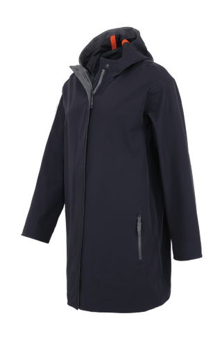 Damen-Funktionsmantel aus atmungsaktivem, wind- und wasserfestem 3-Layer-Material mit geradem Schnitt, verborgenem Reißverschluss mit Druckknopfleiste, zwei Seitentaschen und zwei Innentaschen. Oversize Schnitt für eine locker fallende Passform. Wählen Sie Ihre gewöhnliche Größe. In der Farbe Dunkelblau (Farbe: midnight).