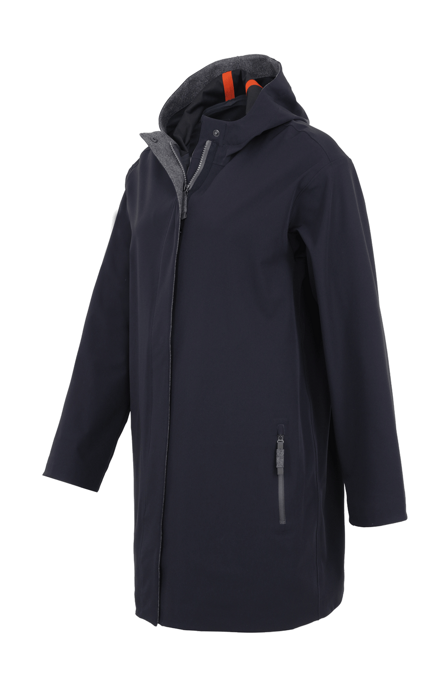 Damen-Funktionsmantel aus atmungsaktivem, wind- und wasserfestem 3-Layer-Material mit geradem Schnitt, verborgenem Reißverschluss mit Druckknopfleiste, zwei Seitentaschen und zwei Innentaschen. Oversize Schnitt für eine locker fallende Passform. Wählen Sie Ihre gewöhnliche Größe. In der Farbe Dunkelblau (Farbe: midnight).