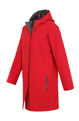 Damen-Funktionsmantel aus atmungsaktivem, wind- und wasserfestem 3-Layer-Material mit geradem Schnitt, verborgenem Reißverschluss mit Druckknopfleiste, zwei Seitentaschen und zwei Innentaschen. Oversize Schnitt für eine locker fallende Passform. Wählen Sie Ihre gewöhnliche Größe. In der Farbe Rot (Farbe: ruby).