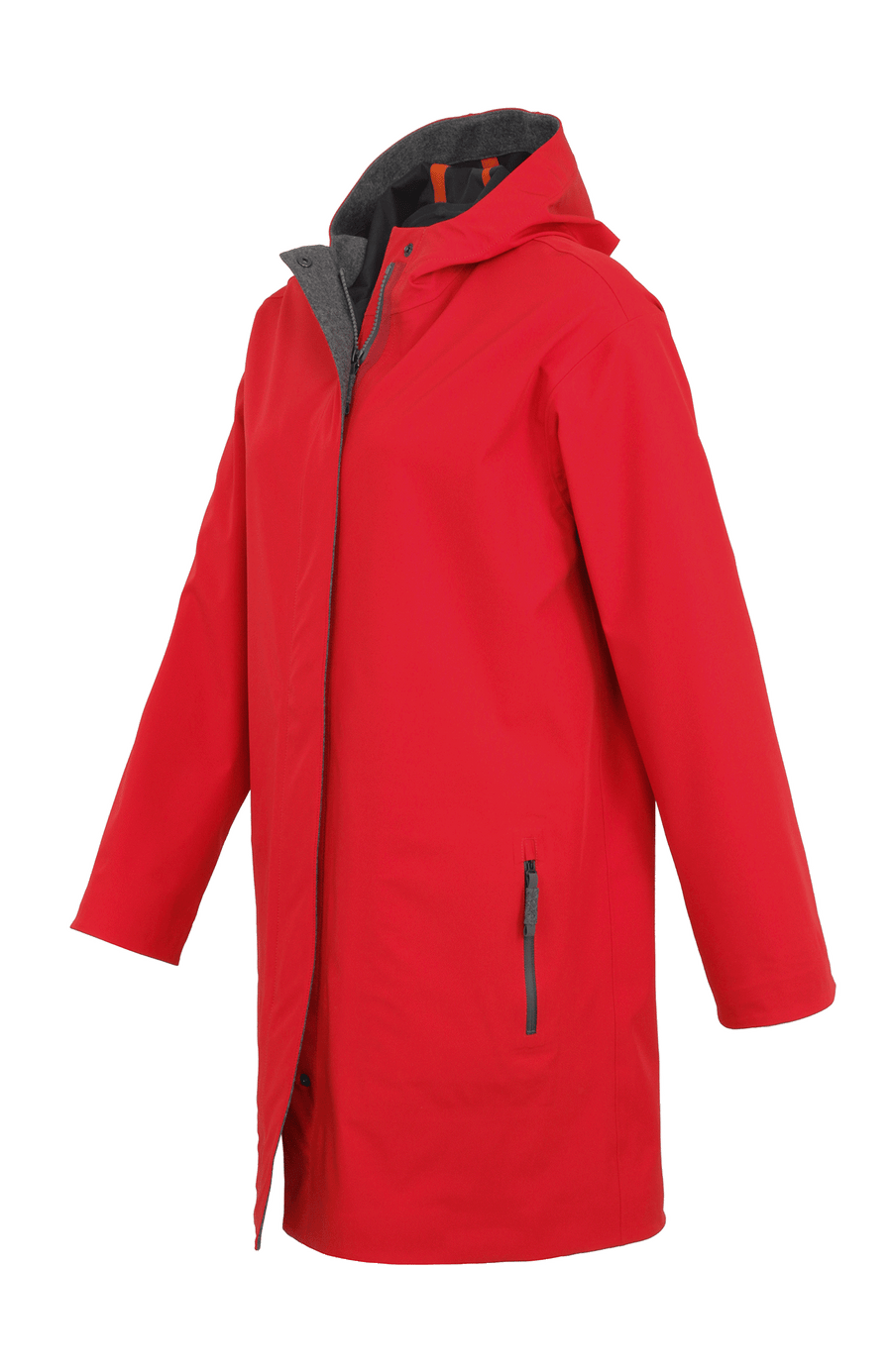Damen-Funktionsmantel aus atmungsaktivem, wind- und wasserfestem 3-Layer-Material mit geradem Schnitt, verborgenem Reißverschluss mit Druckknopfleiste, zwei Seitentaschen und zwei Innentaschen. Oversize Schnitt für eine locker fallende Passform. Wählen Sie Ihre gewöhnliche Größe. In der Farbe Rot (Farbe: ruby).