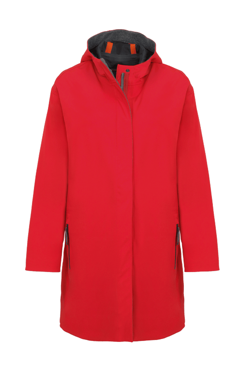 Damen-Funktionsmantel aus atmungsaktivem, wind- und wasserfestem 3-Layer-Material mit geradem Schnitt, verborgenem Reißverschluss mit Druckknopfleiste, zwei Seitentaschen und zwei Innentaschen. Oversize Schnitt für eine locker fallende Passform. Wählen Sie Ihre gewöhnliche Größe. In der Farbe Rot (Farbe: ruby)