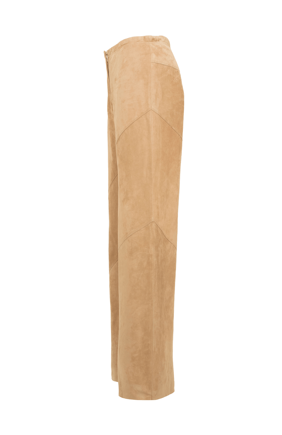 Hose Mandy-Ca aus ökologisch gefärbtem und gegerbtem Lammleder, elastischer Bund, teilgefüttert, geometrische Patchwork-Nähte, weich, anschmiegsam und leicht. Farbe Hellbraun (Farbe: caramel).