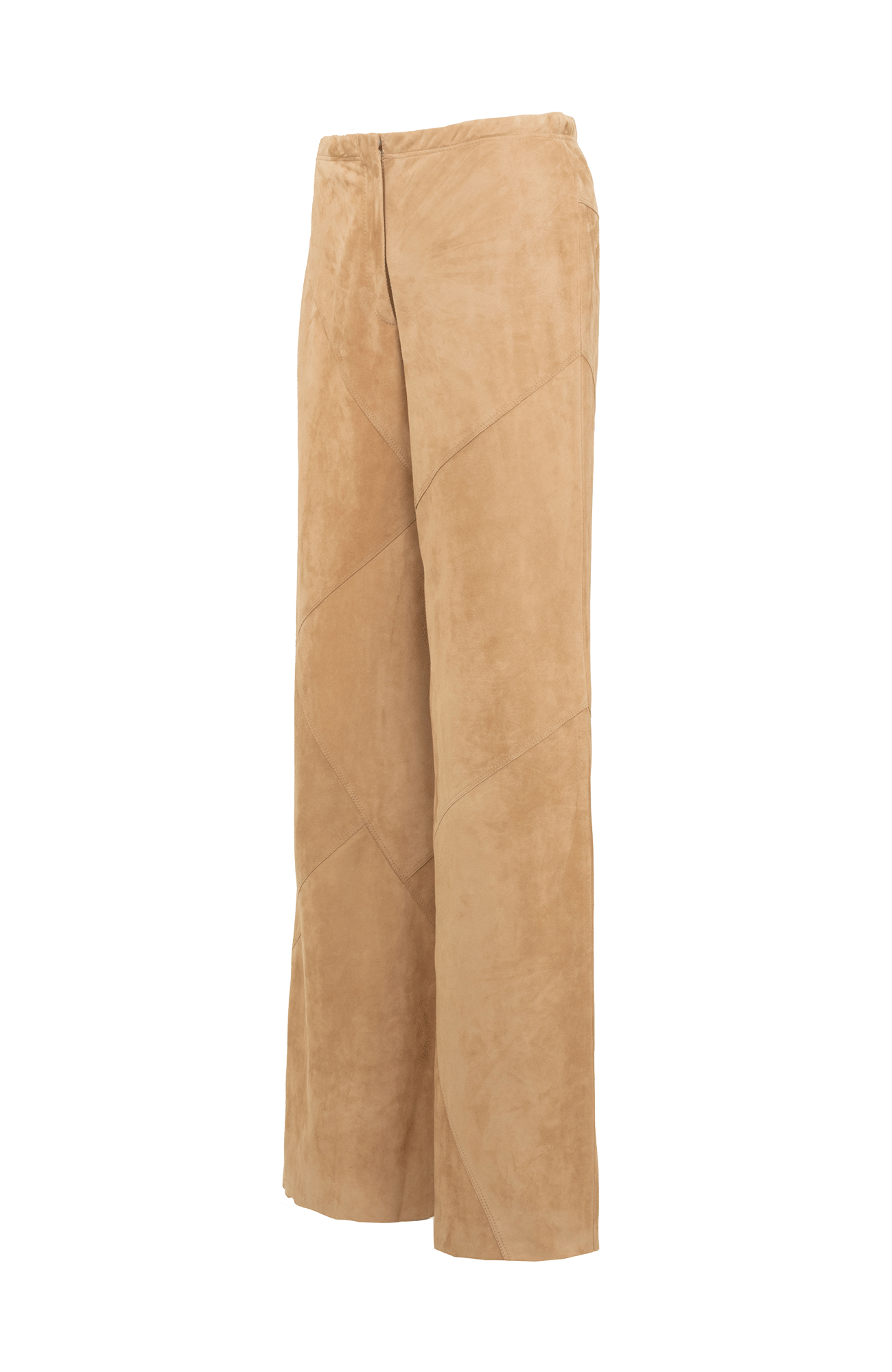 Hose Mandy-Ca aus ökologisch gefärbtem und gegerbtem Lammleder, elastischer Bund, teilgefüttert, geometrische Patchwork-Nähte, weich, anschmiegsam und leicht. Farbe Hellbraun (Farbe: caramel).