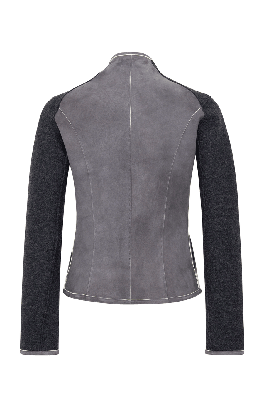 Lederjacke JoyMulti-EL mit traditionellem Walk an den Ärmeln, enganliegend, feminin und tailliert geschnitten. Leichtes Tragegefühl, offenkantige Ledernahtverarbeitung, Stehkragen, Leder-eingefasste Ärmelabschlüsse, markanter Zwei-Wege-Zipper, Seitentaschen. Leder in der Farbe Dunkelgrau, Walk in der Farbe Schwarz. (Farbe: flintstone)