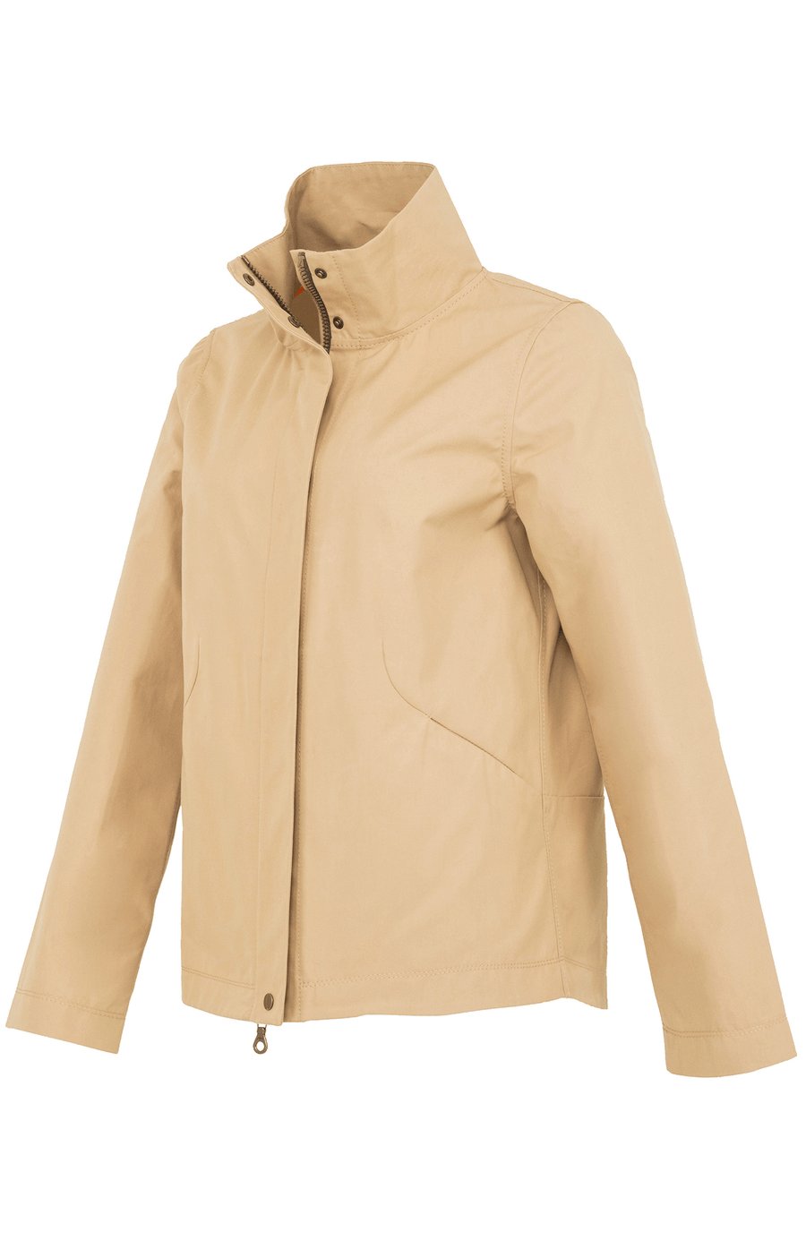 Sportlich-elegante Jacke aus Outdoor Cotton, wasser- und windabweisend, gerade Passform, hinten leicht abgerundet und etwas länger geschnitten, markanter Stehkragen, verdeckter Zwei-Wege-Zipper mit Metalldruckknöpfen oben und unten, Ripsband an den Ärmelabschlüssen, leicht diagonal angesetzte Seitentaschen mit Eingriff von oben und verdecktem Zipper. In der Farbe Beige-Braun (Farbe: caramel).