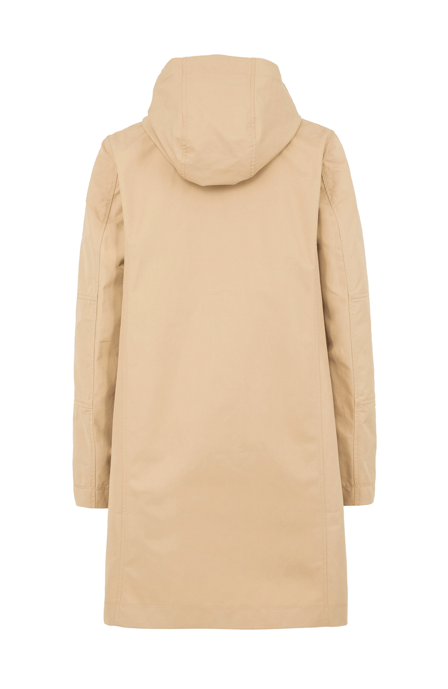 Damen-Knielanger Mantel aus Outdoor Cotton, wasser- und windabweisend, gerade Passform mit schmaler Silhouette, Stehkragen und weitenregulierbare Kapuze, Knopfleiste mit verdecktem Zwei-Wege-Zipper, Ripsband an Ärmelabschlüssen und Saum, seitliche Taschen mit markantem Zipper. In der Farbe Beige-Braun (Farbe: caramel).