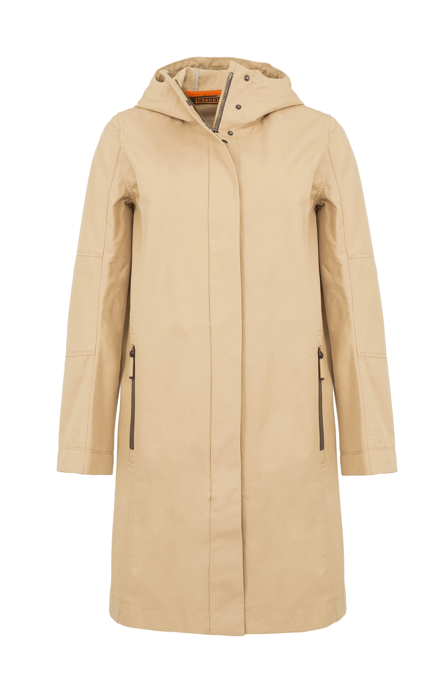 Damen-Knielanger Mantel aus Outdoor Cotton, wasser- und windabweisend, gerade Passform mit schmaler Silhouette, Stehkragen und weitenregulierbare Kapuze, Knopfleiste mit verdecktem Zwei-Wege-Zipper, Ripsband an Ärmelabschlüssen und Saum, seitliche Taschen mit markantem Zipper. In der Farbe Beige-Braun (Farbe: caramel).