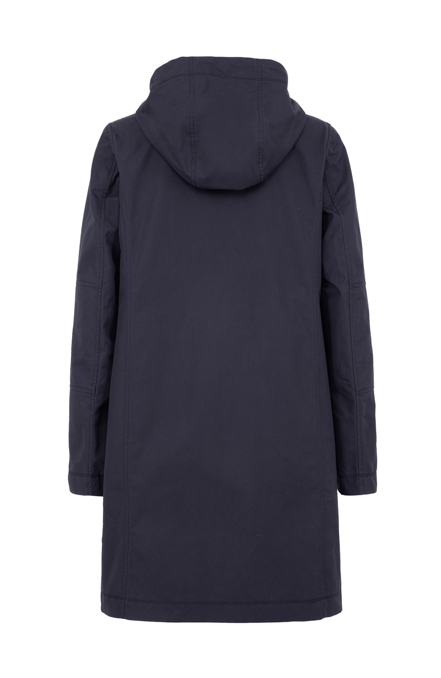 Damen-Knielanger Mantel aus Outdoor Cotton, wasser- und windabweisend, gerade Passform mit schmaler Silhouette, Stehkragen und weitenregulierbare Kapuze, Knopfleiste mit verdecktem Zwei-Wege-Zipper, Ripsband an Ärmelabschlüssen und Saum, seitliche Taschen mit markantem Zipper. In der Farbe Dunkelblau (Farbe: midnight).
