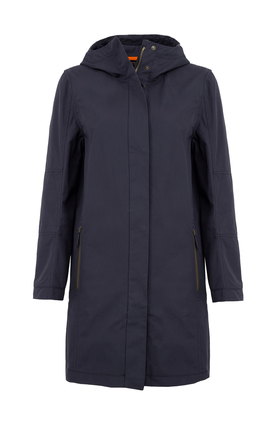 Damen-Knielanger Mantel aus Outdoor Cotton, wasser- und windabweisend, gerade Passform mit schmaler Silhouette, Stehkragen und weitenregulierbare Kapuze, Knopfleiste mit verdecktem Zwei-Wege-Zipper, Ripsband an Ärmelabschlüssen und Saum, seitliche Taschen mit markantem Zipper. In der Farbe Dunkelblau (Farbe: midnight).