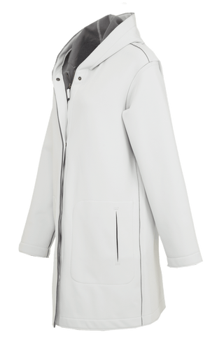 Damen-Parka-Mantel aus edlem Softshellmaterial mit geradem Schnitt, verborgenem Reißverschluss mit Druckknopfleiste, zwei Seitentaschen und zwei Innentaschen. Oversize Schnitt für eine locker fallende Passform. Wählen Sie Ihre gewöhnliche Größe. In der Farbe Weiß (Farbe: glacier).