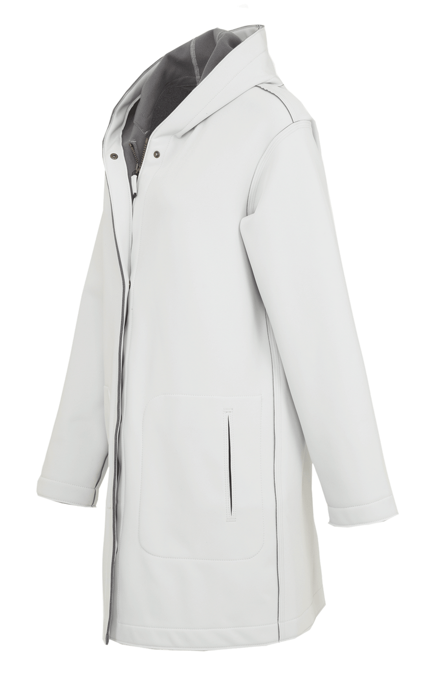 Damen-Parka-Mantel aus edlem Softshellmaterial mit geradem Schnitt, verborgenem Reißverschluss mit Druckknopfleiste, zwei Seitentaschen und zwei Innentaschen. Oversize Schnitt für eine locker fallende Passform. Wählen Sie Ihre gewöhnliche Größe. In der Farbe Weiß (Farbe: glacier).
