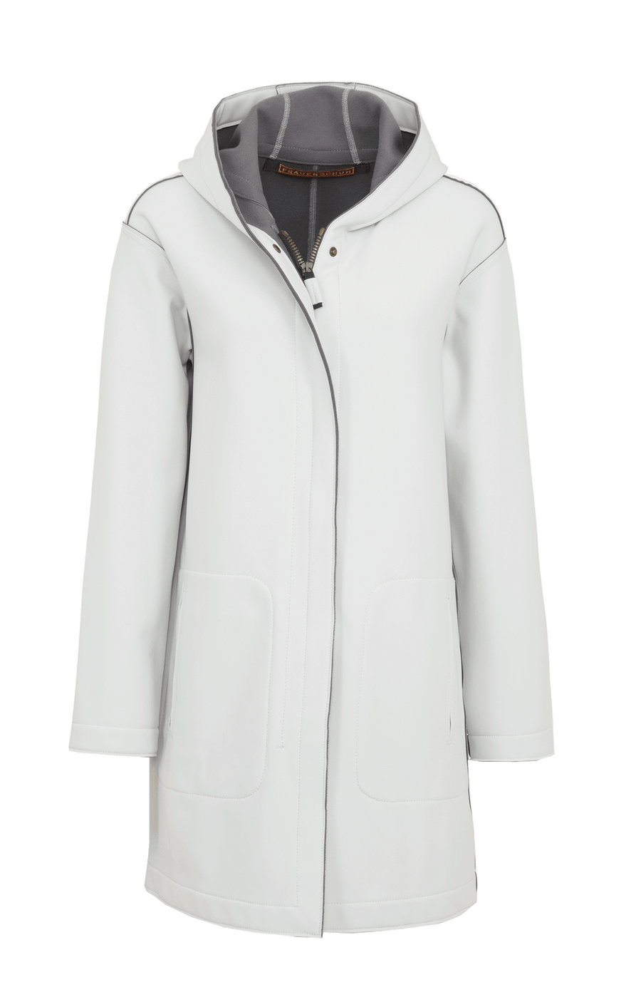 Damen-Parka-Mantel aus edlem Softshellmaterial mit geradem Schnitt, verborgenem Reißverschluss mit Druckknopfleiste, zwei Seitentaschen und zwei Innentaschen. Oversize Schnitt für eine locker fallende Passform. Wählen Sie Ihre gewöhnliche Größe. In der Farbe Weiß (Farbe: glacier).
