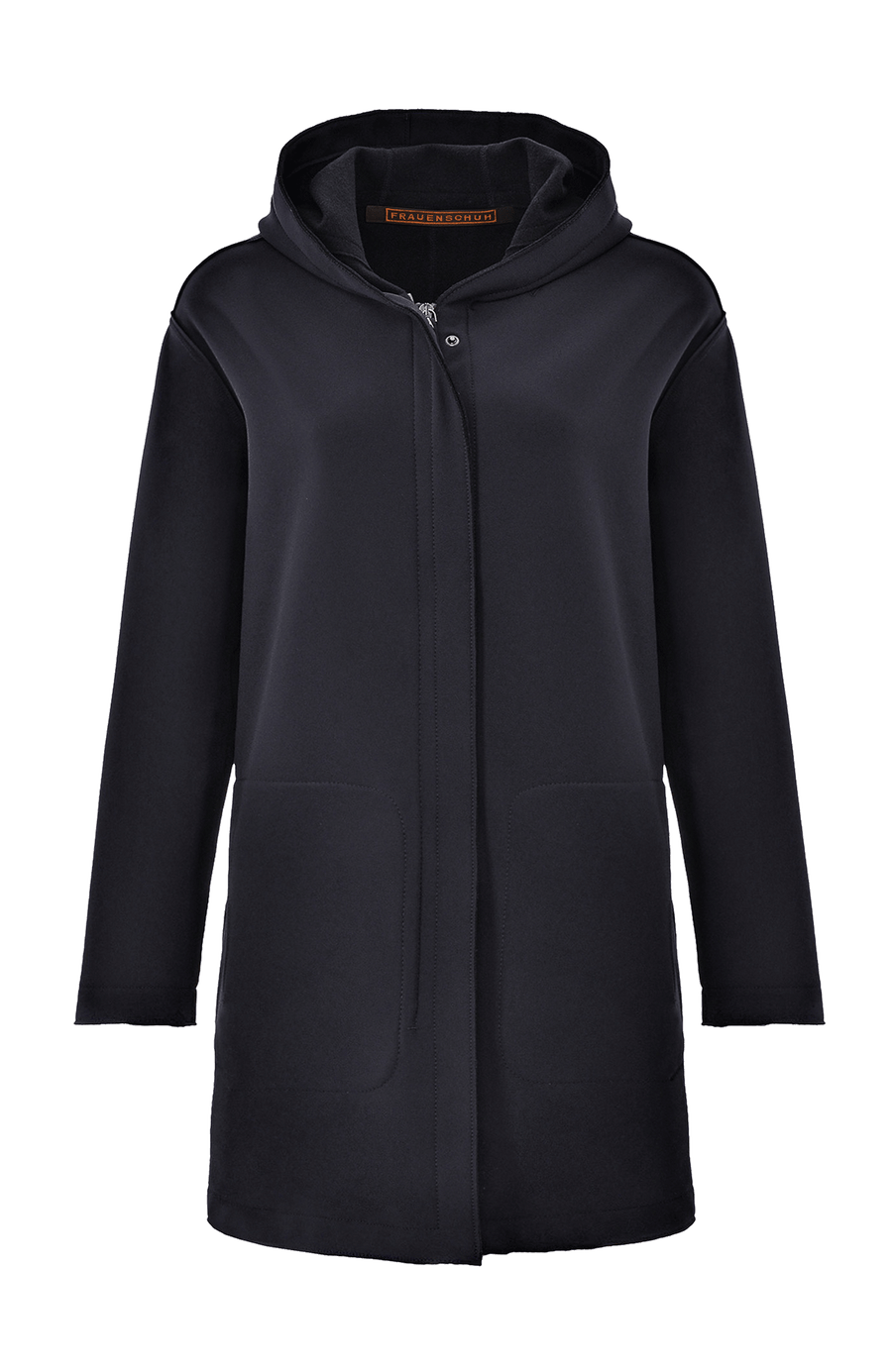 Damen-Parka-Mantel aus edlem Softshellmaterial mit geradem Schnitt, verborgenem Reißverschluss mit Druckknopfleiste, zwei Seitentaschen und zwei Innentaschen. Oversize Schnitt für eine locker fallende Passform. Wählen Sie Ihre gewöhnliche Größe. In der Farbe Dunkelblau (Farbe: midnight).
