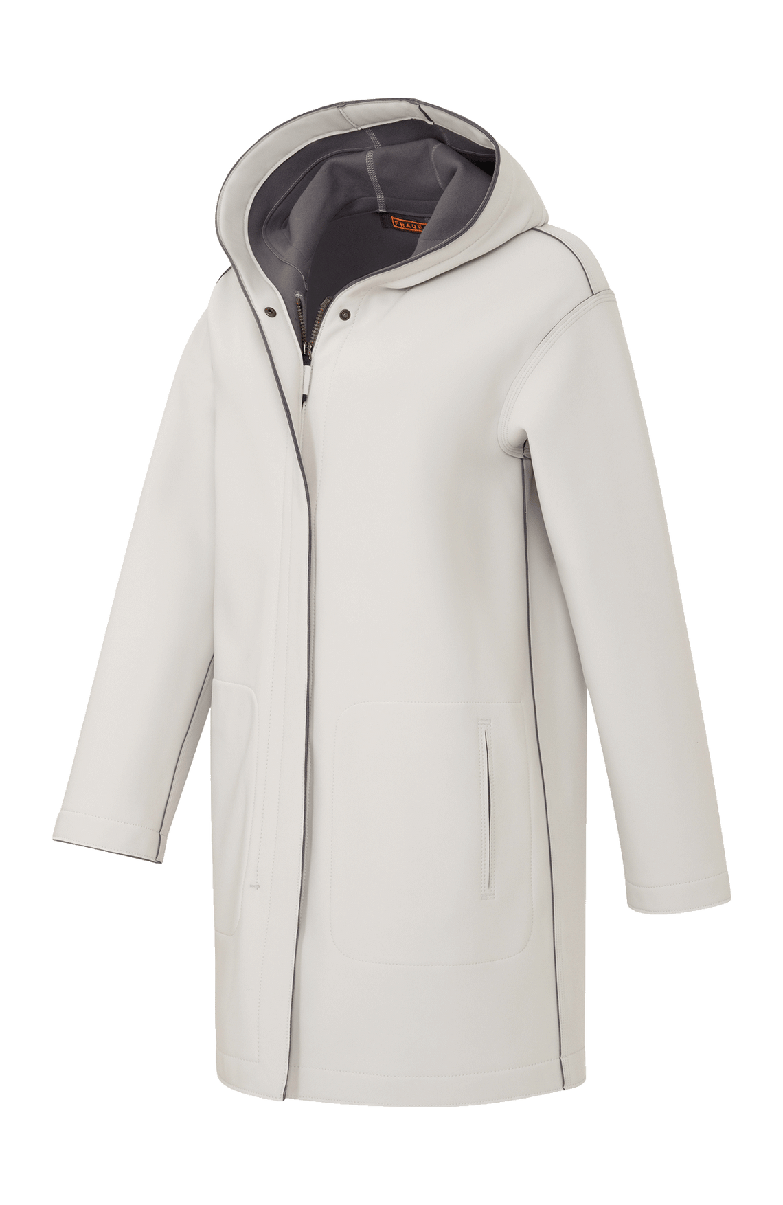 Damen-Parka-Mantel aus edlem Softshellmaterial mit geradem Schnitt, verborgenem Reißverschluss mit Druckknopfleiste, zwei Seitentaschen und zwei Innentaschen. Oversize Schnitt für eine locker fallende Passform. Wählen Sie Ihre gewöhnliche Größe. In der Farbe Beige (Farbe: sandstone).