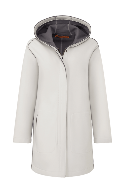 Damen-Parka-Mantel aus edlem Softshellmaterial mit geradem Schnitt, verborgenem Reißverschluss mit Druckknopfleiste, zwei Seitentaschen und zwei Innentaschen. Oversize Schnitt für eine locker fallende Passform. Wählen Sie Ihre gewöhnliche Größe. In der Farbe Beige (Farbe: sandstone).