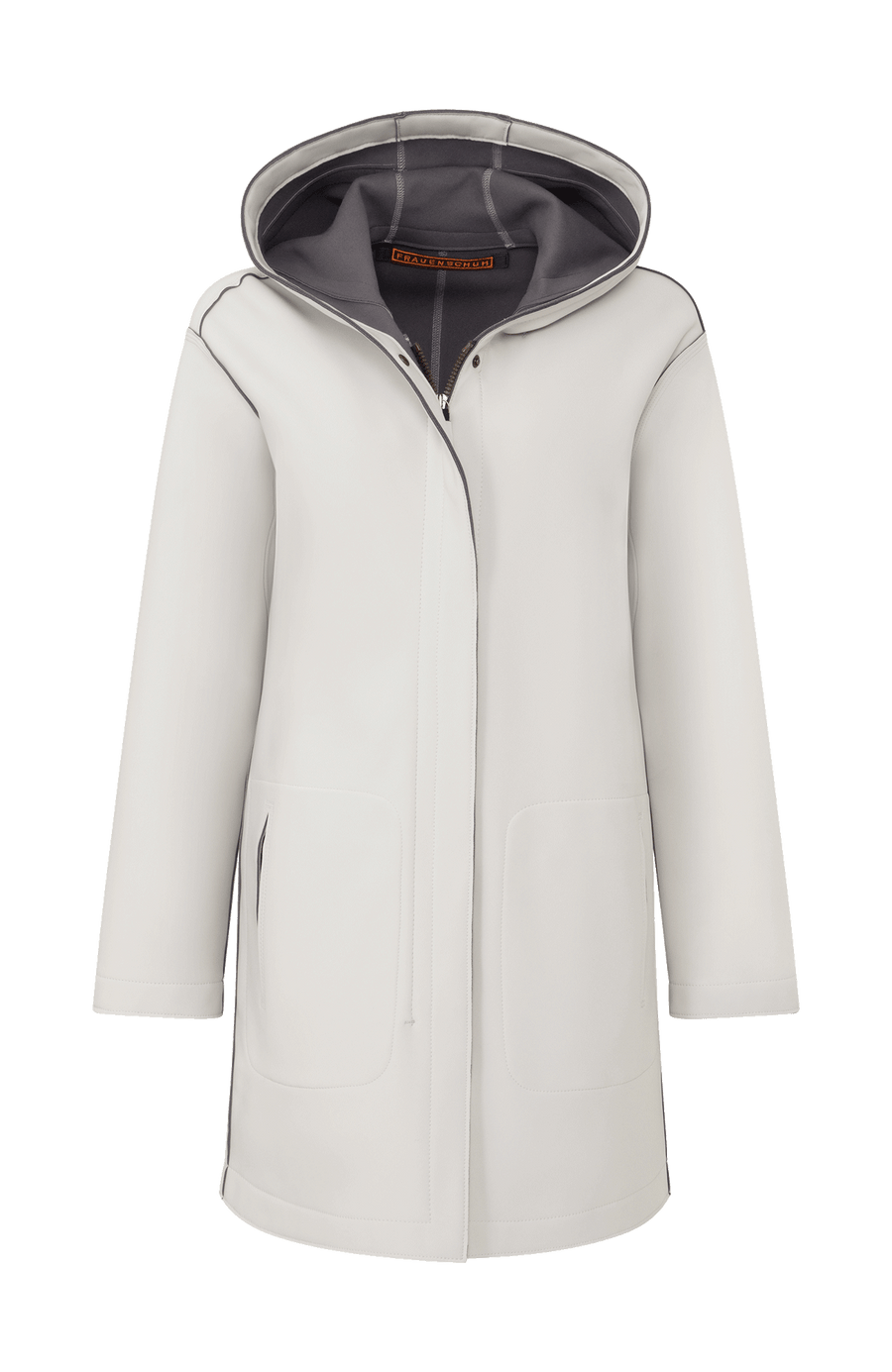 Damen-Parka-Mantel aus edlem Softshellmaterial mit geradem Schnitt, verborgenem Reißverschluss mit Druckknopfleiste, zwei Seitentaschen und zwei Innentaschen. Oversize Schnitt für eine locker fallende Passform. Wählen Sie Ihre gewöhnliche Größe. In der Farbe Beige (Farbe: sandstone).