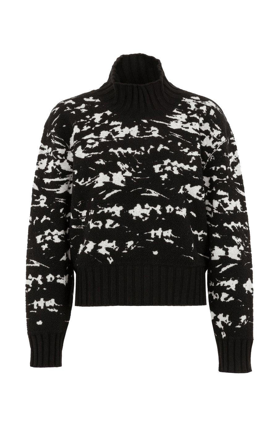 Frotteestrickpullover aus feinstem Merino Extrafine, wendbar, Jacquard Design, leicht, weich und dennoch fest, temperaturausgleichend. Bündchen und Stehragen aus Cashmere Ripstrick, seitliche Schlitze, verkürzte Passform, überschnittene Schulterpartie. In der Farbe Schwarz (Farbe: black)