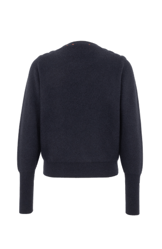 Rundhalspullover Juna-WS aus feinem Kaschmir, Rippstrick, etwas kürzer geschnitten, Ärmel leicht voluminös, längere Ärmelbündchen zum Umstülpen. Verstärkte Schulterpartie im Biker-Stil, Blousonform, voluminöse Ärmel. In der Farbe Dunkelblau (Farbe: midnight)